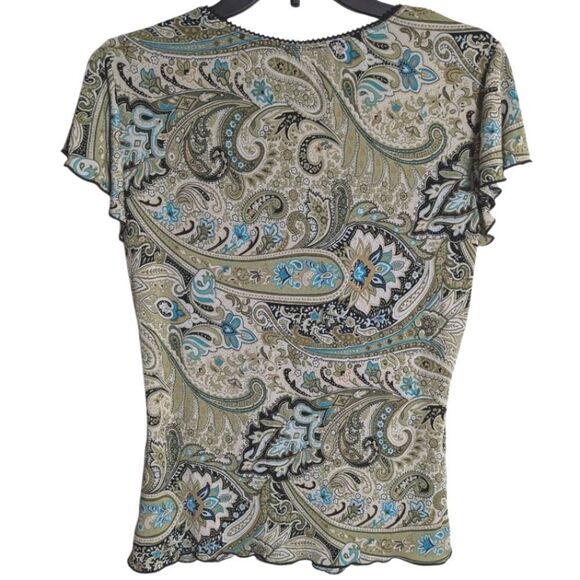 Vintage 90s Perseption Concept Blue Green Paisley Floral Lettuce Edge Top M - Picture 3 of 5